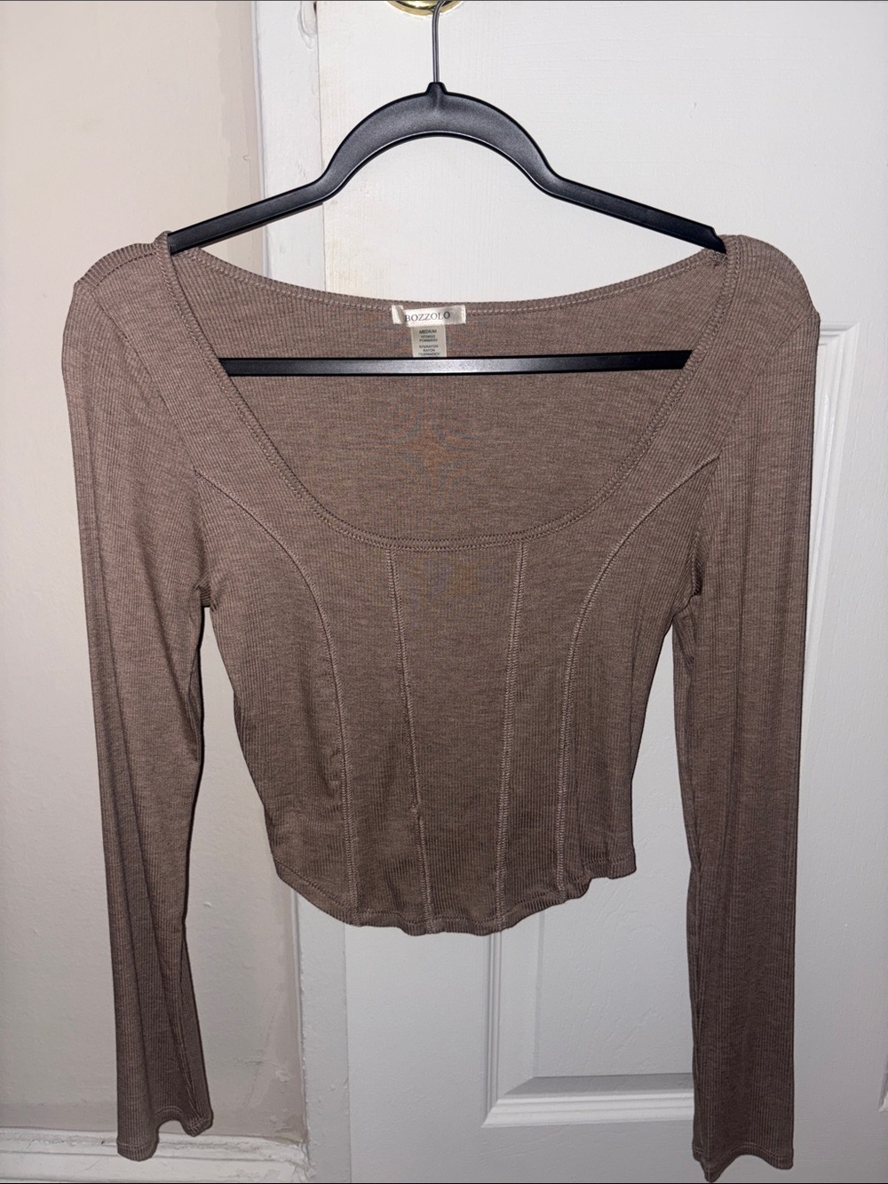 Bozzolo Taupe Brown Long-Sleeve Scoop Neck Top